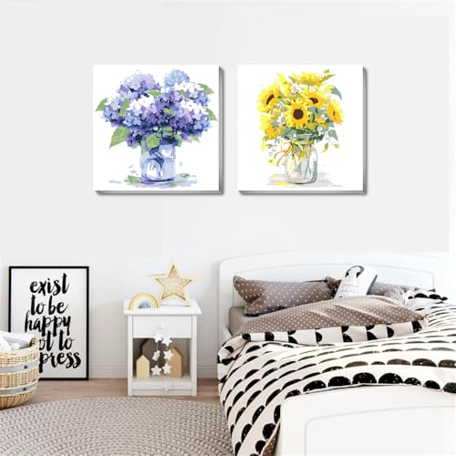 Clendo 2 Packs Framed Flower Paint by Numbers Kit for Adults, Easy Acrylic Paint by Numbers on Canvas with Paints and Brushes, Small Flowers Arts and Crafts Kits for Home Wall Decor(8 * 8inch)