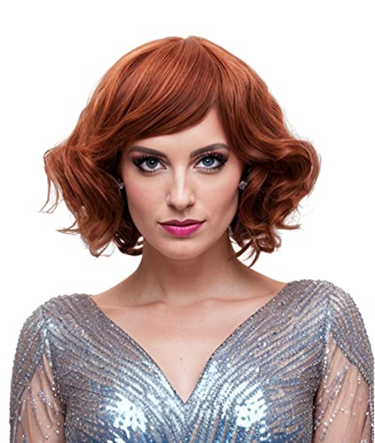 Rugelyss Short Curly Wavy Wigs with Bangs Copper Red Synthetic Hair Wig Auburn Wigs for Women for Cosplay or Party