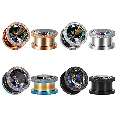 KUBOOZ Ear Plug Tunnel Gauge Stretcher Piercing Colorful Zircon Center Plating Stainless Steel Screw