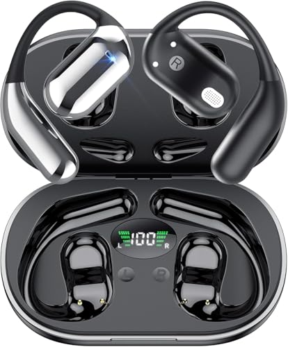 Auriculares Inalámbricos Deportivos, 2025 inalámbricos Auriculares Oreja Abierta Bluetooth 5.4 con Gancho, 50 Horas de reproducción con Pantalla LED, IP7 Impermeable para Running Sport, Control Táctil