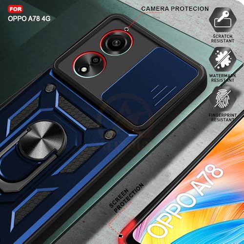 Image of Armor Bumper Back Cover Case for Oppo A78 4G Rotating Camera Cover, Ring Holder & Kickstand | Heavy Duty & 360 Degree Protection Oppo A78 4G Back Cover (Blue)