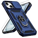 Vinve for iPhone 15 Case, Slide Lens Cover, HD Screen Protector, Military Grade Drop Protection, Magnetic Rotated Ring Holder Kickstand Protective Phone Case (Navy Blue)