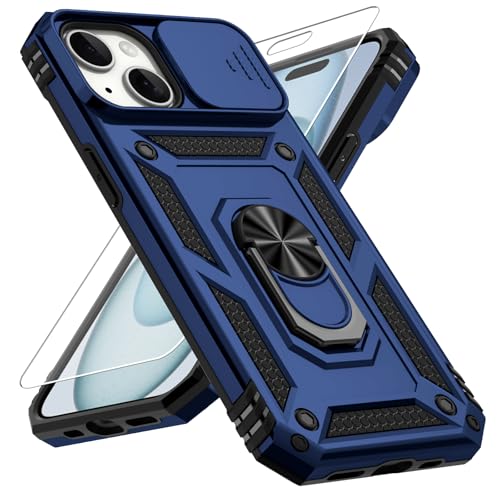 Vinve for iPhone 15 Case, Slide Lens Cover, HD Screen Protector, Military Grade Drop Protection, Magnetic Rotated Ring Holder Kickstand Protective Phone Case (Navy Blue)
