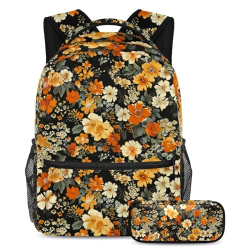 Cartable vintage fleurs colorées avec trousse assortie pour l'école