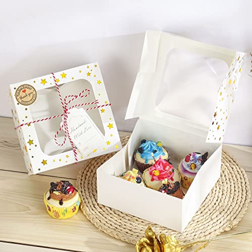 Chounyee 24 Pack 6X6X3 Christmas Cookie Boxes For Gift Giving Gold Foil Star White Bakery Boxes With Window 6 Inch Small Treat Boxes For Mini Cake Pastry Dessert Cupcakes Candy Donut Packaging #TOP4