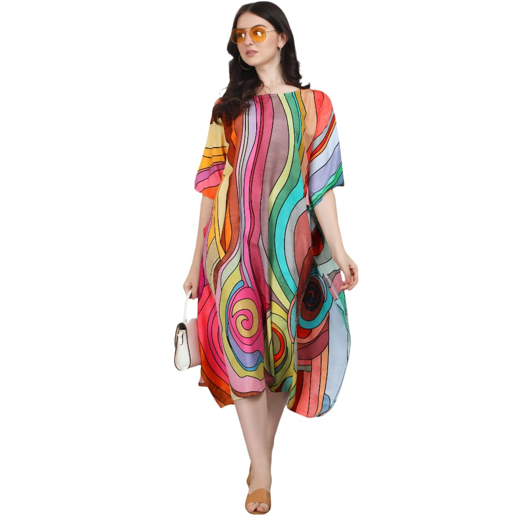 Silk Sutra Women's Elegant Rayon Midi Dress for Women – Round Neck, Printed, 3/4 Sleeves, Multiolour, All Over Pattern (STC-RAYON-KAFTAN-201)-image-32