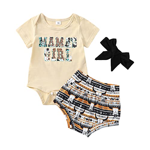 Image of Omkzanbi 3PCS Cute Western Baby Girl Summer Clothes Letter Bodysuit Romper Retro Boho Cow Printed Bloomers Shorts Headband (Apricot, 0-6 Months)