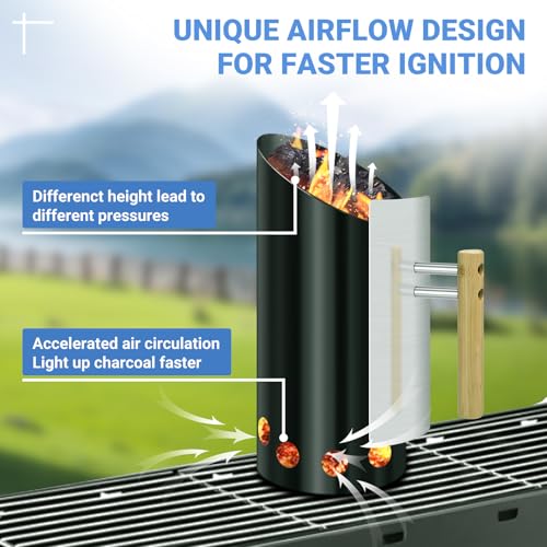 Joyagrill Charcoal Chimney Starter with 11\" Briquet Shovel Set, Double Enameled Large Capacity Chimney Starter for Charcoal Grill with Heat Shield & Wood Handle Great Heat Insulation and Easy Grip