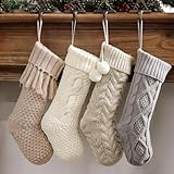 Personalized Christmas Stockings: 4 Pack 18 Inch Cable Knit Fireplace Stockings, Cozy Hanging Xmas Stockings Boho Farmhouse Knitted Stocking Decorations for Family Holiday Décor, White Gray Beige