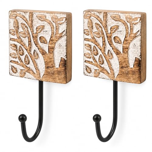 Image of Set of 2 Decorative Wooden & Cast Iron Vintage Rustic Tree of Life Coat Hanger Wall Mounted Jacket Robe Towel Door Hook Rack Holder Rail for Hallway Living Room Bathroom Bedroom Home Decor Accents