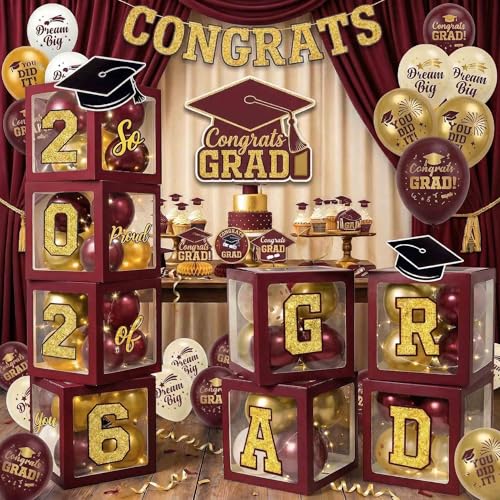 Graduation Decorations Class of 2026 Maroon and Gold Balloon Boxes for High School & College Congrats Grad Party Table Decorations with 4 String Lights 2026 GRAD So Proud of You Letters