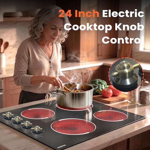 Image of Electric Cooktop 24 Inch - 4 Burner Drop-in(22.05 inchx19.3 inch) Radiant Electric Cooktop 6000W Knob Control, 220V Electrical Ceramic Stove Top, 9 Heating Levels, Residual Heat Indication (No Plug)