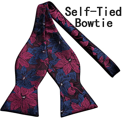 Hi-Tie Silk Floral Blue Burgundy Mens Suit Vest Necktie And Self Bowtie Set Slim Fit V-Neck Dress Waistcoat Tie And Pocket Square Cufflinks Set For Prom Wedding #TOP5