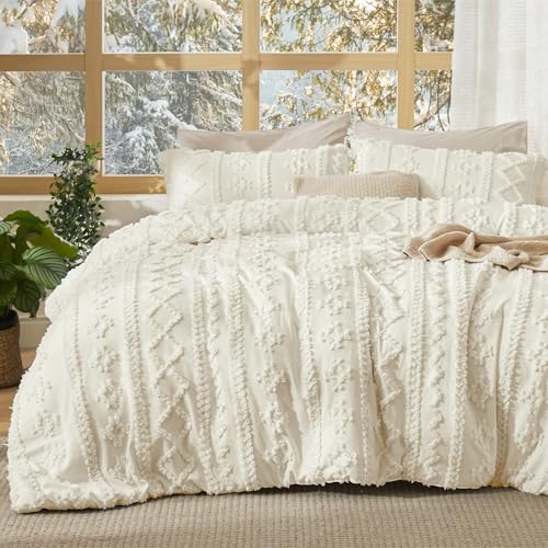 Bedsure Tufted Boho Comforter Set Full Size - Ivory Boho Bed Set, GentleSoft™ 3 Pieces Farmhouse Shabby Chic Embroidery Bedding, Gifts for Woman, Soft Jacquard Full Comforter for All Seasons