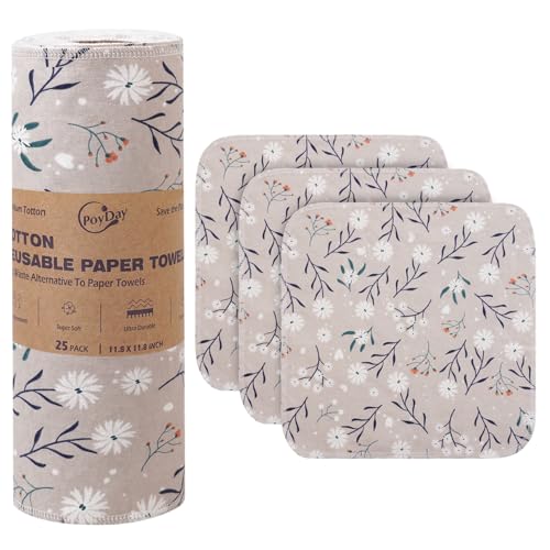 Poyday Paper Towels Washable Roll: 25Pack Cotton Cloth Paper Towels 11.8x11.8In Absorbent Soft Flannel Paperless Towels Alternative for Kitchen Reusable Napkins Zero Waste (Flower, Large)