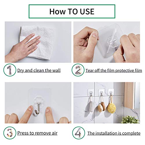 Image of KASHIVAL Self Adhesive Wall Hooks Pack of 20 Pieces 10 Flat + 10 Hanging | Stainless Steel Hooks Transparent PVC| No Drill Waterproof Hooks for Bathroom Kitchen (20 Hanging Hook)