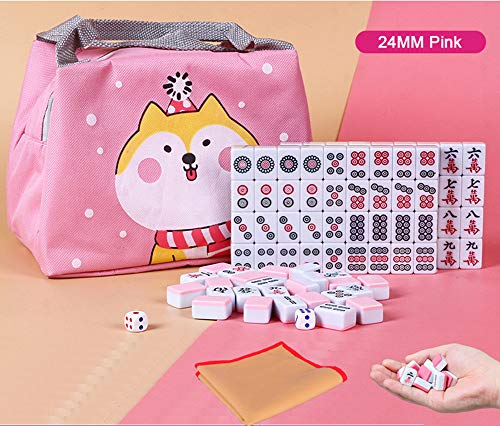HenMerry Chinese Mahjong Set 144 Tiles Mahjong Accessories Handbag Tablecloth Chinese Classic Tile Games Mini Mahjong Mah Jong Mahjongg Mah-Jongg Mah Jongg Travel Set 24MM Pink