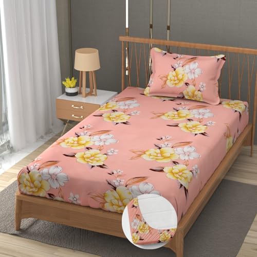 Image of Premium Heavy Cotton Elastic Fitted Bedsheets with 1 King Size Pillow Covers | Single Bed with All Around Elastic 350 TC | 36 x 78 x 6 Inch Single Size Fitted | :- Baby Pink Flower