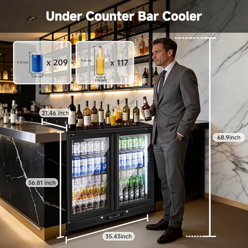 Image of BODEGACOOLER Back Bar Cooler, 2 Door Commercial Beverage Refrigerator | 7.4 Cu.Ft Holds 209 Cans /117 Bottles, Under Counter Bar Fridge with LED light & Low-E Self-Closing Glass Doors