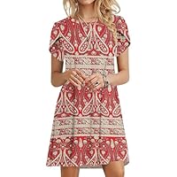 PLOKNRD Robe D'été Femme Manches Pétales T Shirt Robe A-Line Casual Robe col Rond Décontractée Chic et Elegant Robes(Fleurs Rouges Boho,2XL