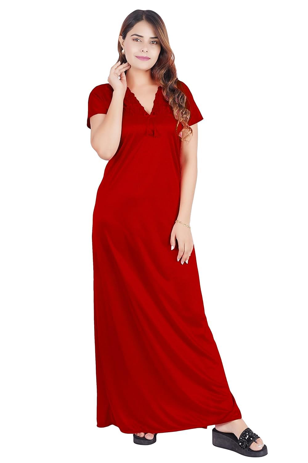 Women Satin Nighty Long Nightdress | Soft Silky Sleepwear for Ladies | Lace Neck Design | Comfortable Loose Fit Night Gown | Full Length Loungewear-image-42