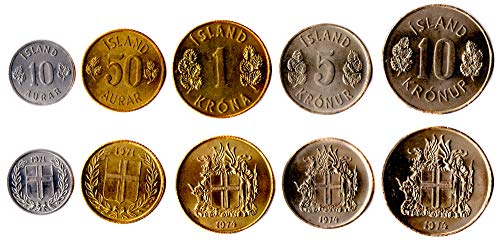 Iceland 5 Coins Set 1957-1980 UNC Icelandic 1 AURAR - 10 KRONUR. Old Foreign Coins, Collectible Coins for Your Coin Album, Coin Holders OR Coin Collection