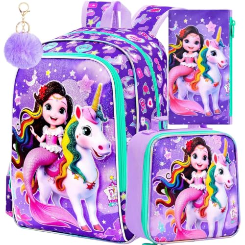 Image of 16 inch Mermaid Backpack for Girls, 3Pcs Unicorn Kids Bookbag with Lunch Box,School Backpacks for Elementary Preschool Kindergarten (Purple)