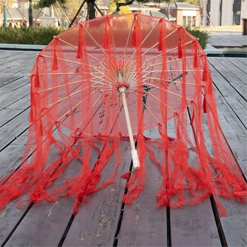 SXTYYH Chinesisch Transparent Regenschirm Aus Geöltem Papier Mit Quasten Und Bändern Handgefertigt Bambus Sonnenschirm Regenschirm for Fotografie Requisiten, Klassischer Tanz(Rot)