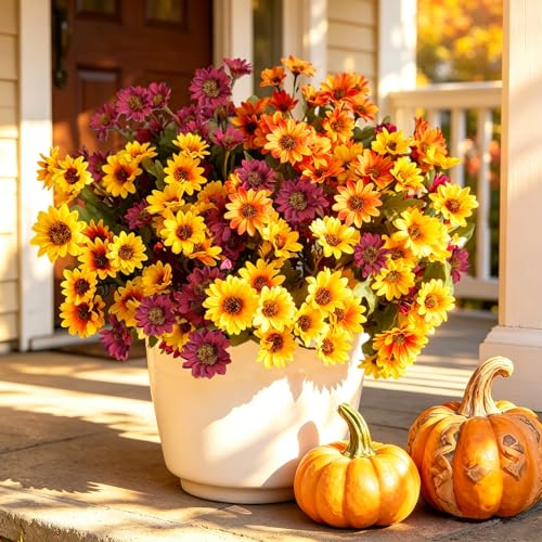 Cherica 12Pcs Fake Flowers Artificial Mums for Outdoors UV Resistant Faux Mums for Outdoor Planters Realistic Daisy No Fade Fall Flowers for Front Door Garden Patio Yard Autumn Decor