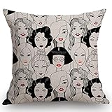 Swono Fashion Women Cotton Linen Throw Pillow Case Crowd of Women with Red Lips Printed Pillow Cushion Cover Home Sofa Decorative 18 X 18 Inch