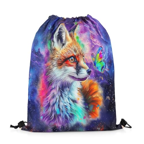 Erosebridal Fox Draw String Back Bag,Hand Drawn Kawaii Fox Drawstring Backpack,Cartoon Graffiti Spatter String Backpack For Sport Gym,Rainbow Wild Butterfly Drawstring Bags 13X15.7,Purple,Blue,Green
