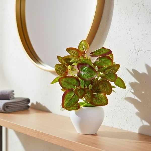 Image of fancymart Artificial Plant Leaves in Apple Pot (30 cm Height) | Small Potted Plant for Office Desk | Home Decor for Living Room | Cafe & Restaurant Table Decoration
