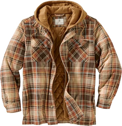 Legendary Whitetails Mens Plaid Flannel Shirt Jacket Quilted with Hood Polyfill Insulated Shacket, Durango Plaid, XL