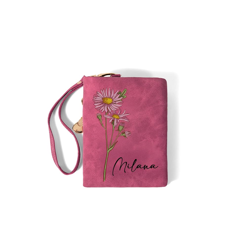 Monedero de cuero personalizado para mujer, con nombre personalizado, flor natal en acuarela, triple compartimento, correa para la muñeca, bolsillo largo para el móvil, ideal para mamá,esposa o abuela
