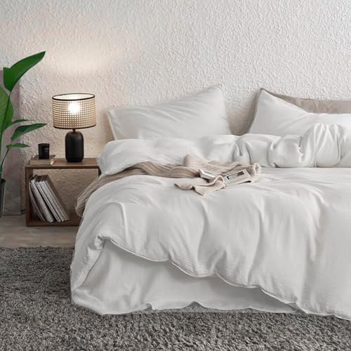 Nanko 100% Cotton Double Layered Gauze White Duvet Cover Set King Size Linen Like, Luxury Super Soft Chic Bedding Set Breathable Comforter Cover Zip, Modern Farmhouse for Women Men, 3Pcs 104 x90 Solid