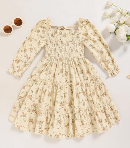 Toddler Girl Dress Long Sleeve Baby Floral Smocked Square Neck Playwear Dress | Spring Fall Casual Dresses 1-6Y2