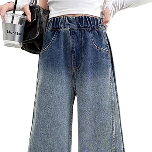 Spliced Jeans for Tween Girls, Elastic Waist Gradient Wash Denim Baggy Pants, 4 Pockets Wide Leg Vintage Trousers4
