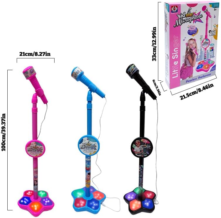 Kids Microphone with Stand, Toddler Karaoke Toy with Adjustable Height, Light-Up Base, Music Playback, Birthday Gift for Boys and Girls Ages 3+ (Blue)