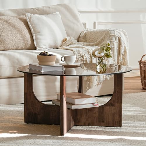 Cagnolier Table Basse Ronde en Verre Trempé et Bois Massif Noyer, Design Contemporain avec Base Sculptée, 60x60x43 cm (Grande Taille)
