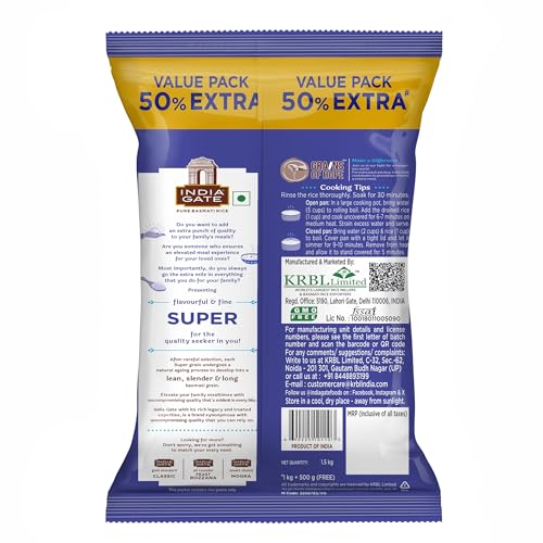 Image of India Gate Flavourful & Fine Super Basmati Rice 1 Kg (with Free 500g) | Perfectly Aged Rice (Pack of 3)