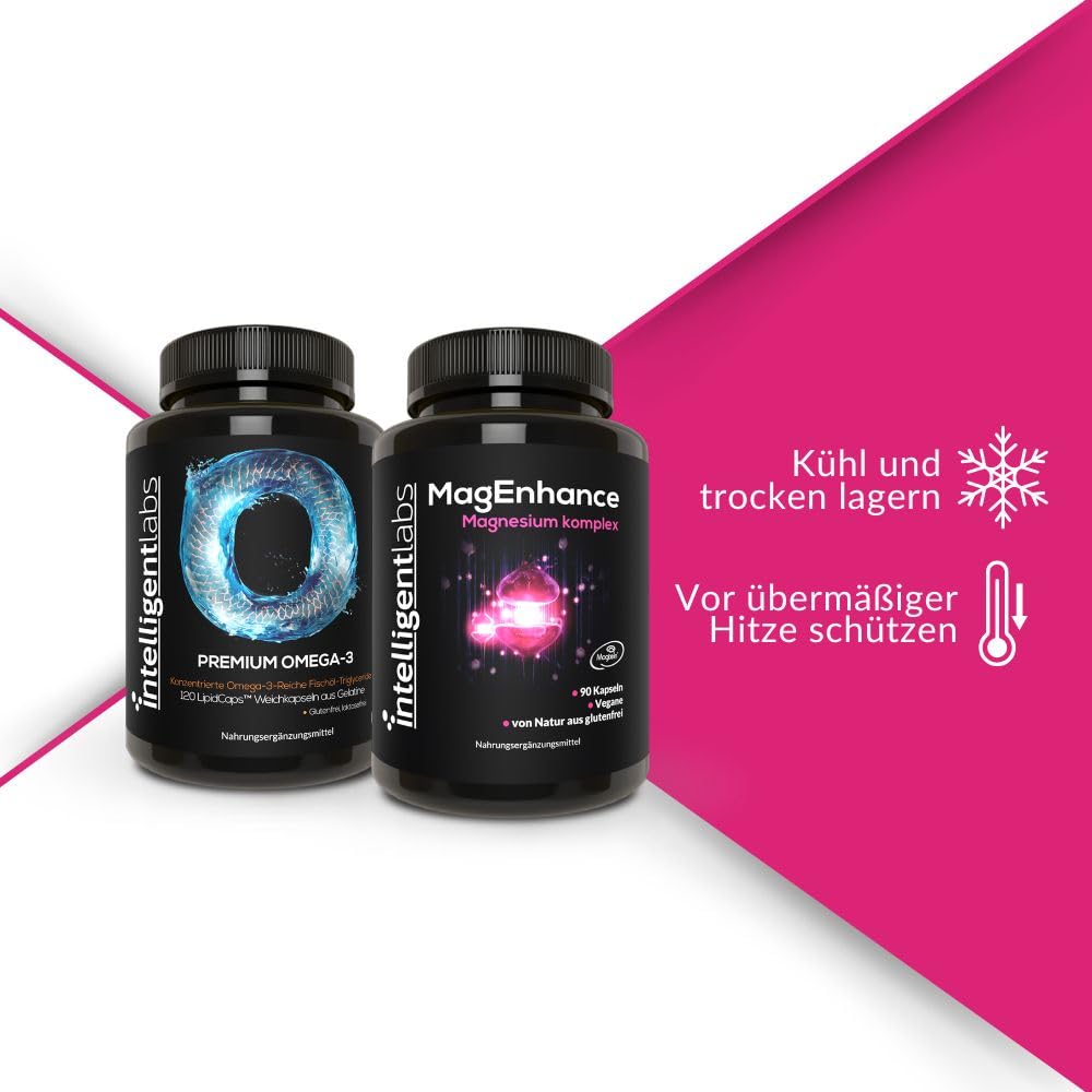 Intelligent Labs 2-in-1 Bundle: MagEnhance Magnesium Komplex (Magtein L-Threonat, Glycinat, Taurat) & Omega-3 Fischöl Triglycerid (2250mg). Premium-Kombination für Gehirn, Herz & tägliche Vitalität.