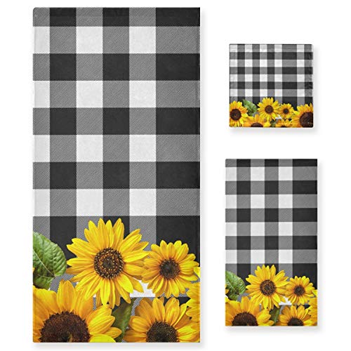 ALAZA Sunflower Towel Bathroom Sets White Black Buffalo Plaid 1 Bath Towel 1 Hand Towel 1 Washcloth Soft Highly Absorbent Decorative Towels for Beach Gym Spa, Buffalo Plaid Kitchen Decor