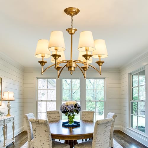 Image of 6 Light Chandelier with White Linen Fabric Shades Modern Gold Pendant Ceiling Light Fixture Dining Room Hanging Light for Hallway Kitchen Bedroom Entryway Foyer.