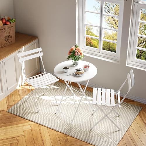 Bistro Table and Chairs Set of 2, 3 Piece Outdoor/Indoor Folding Patio Bistro Sets, 2 Chair Patio Furniture Set with Table, Premium Frame Foldable Coffee Tables for Balcony, Yard, Garden, White