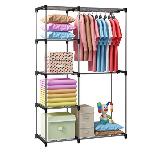 GHQME Freestanding Double Rod Clothes Closet Organizer Storage Metal Heavy Duty Garment Rack