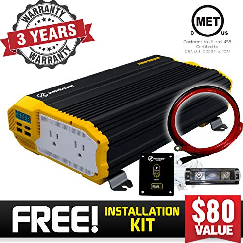 Krieger 1500 Watts Power Inverter 12V to 110V, Modified Sine Wave Car Inverter, Dual 110 Volt AC Outlets, DC to AC Converter with Installation Kit Included - MET Approved to UL and CSA Standards