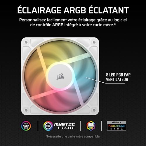 CORSAIR RS120-R ARGB 120mm PWM +5 ARGB Inversée Ventilateurs – Inversé Rotor, Huit RGB LEDs, Haute Pression Statique, Connecteurs en Série, Roulement à Dôme Magnétique – Pack Triple – Blanc