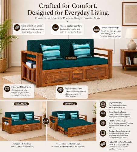 Image of Douceur Furnitures Solid Sheesham Wooden 3 Seater Sofa Cum Bed with Mattress,Cushions & Side Pockets,Wood Foldable Convertible Sofa 3 Seater Diwan Cum Bed for Living Room & Office|Natural Finish