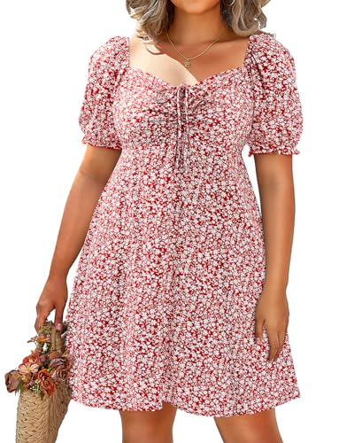 Pinup Fashion Red Floral Sundress Plus Size Summer Casual Cute Puff Sleeve Milkmaid Smocked Boho Short Babydoll Mini Dresses 2024