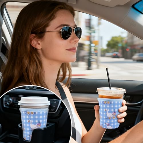 Image of 3 Packs Reusable Iced Coffee Sleeves Blue White Plaid Goose Drink Sleeve